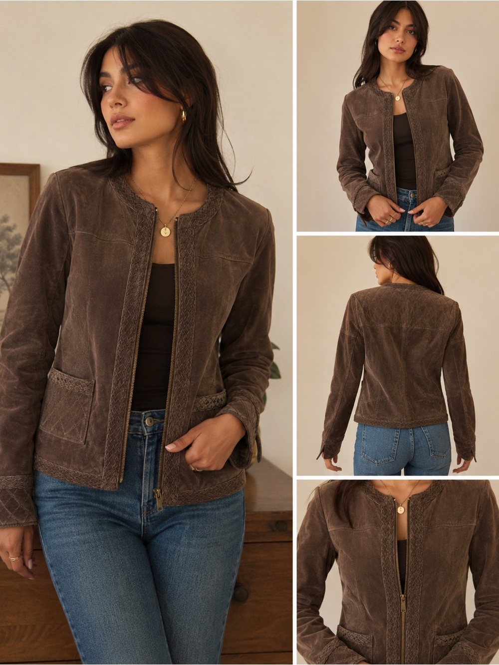 NWT Bradley Bayou Brown Genuine Leather Suede Jacket S Y2K